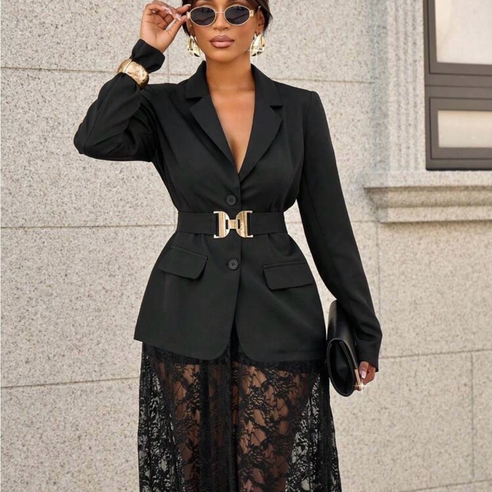 SHEIN Black Blazer Lace Mini Dress with Gold Buckle